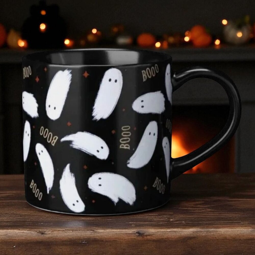 Hyde & EEK! Boutique Halloween Stoneware Mini Ghost/ Boo Print Mug Black 16oz